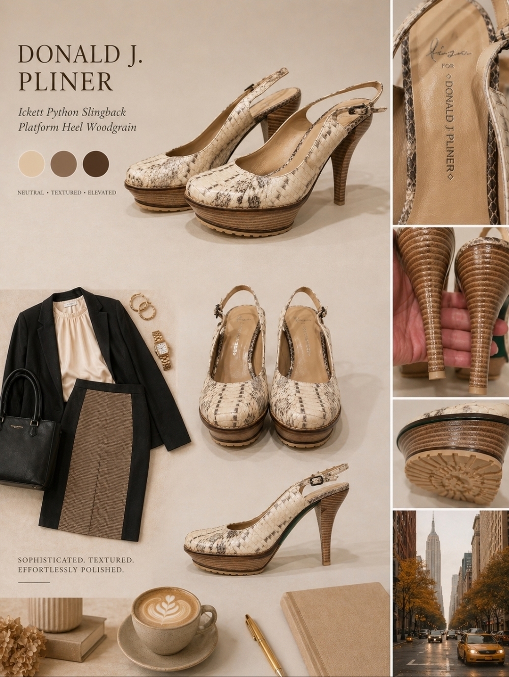 Sz 8.5 Donald J. Pliner Ickett Python Slingback Platform Heel Woodgrain